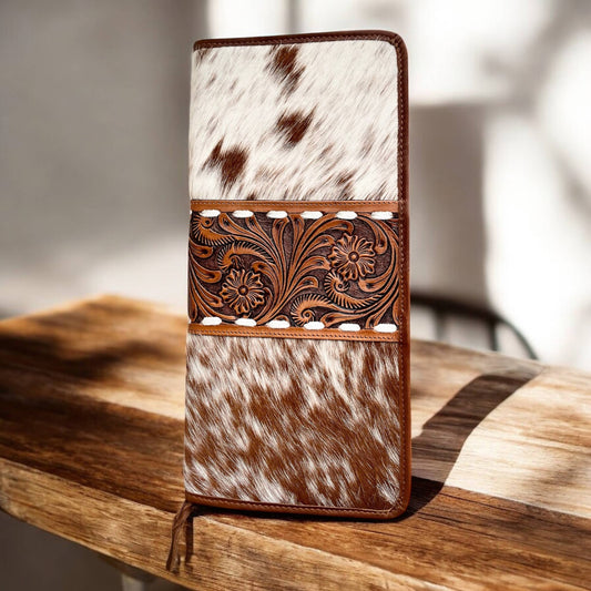 Tan cowhide & tooled jewelry wallet