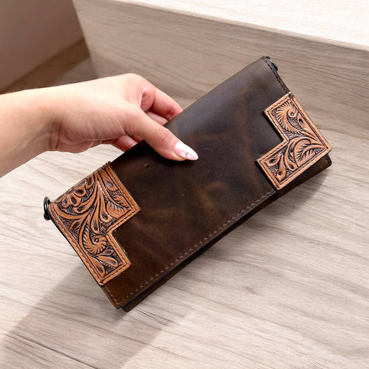 Linda tooled leather crossbody wallet