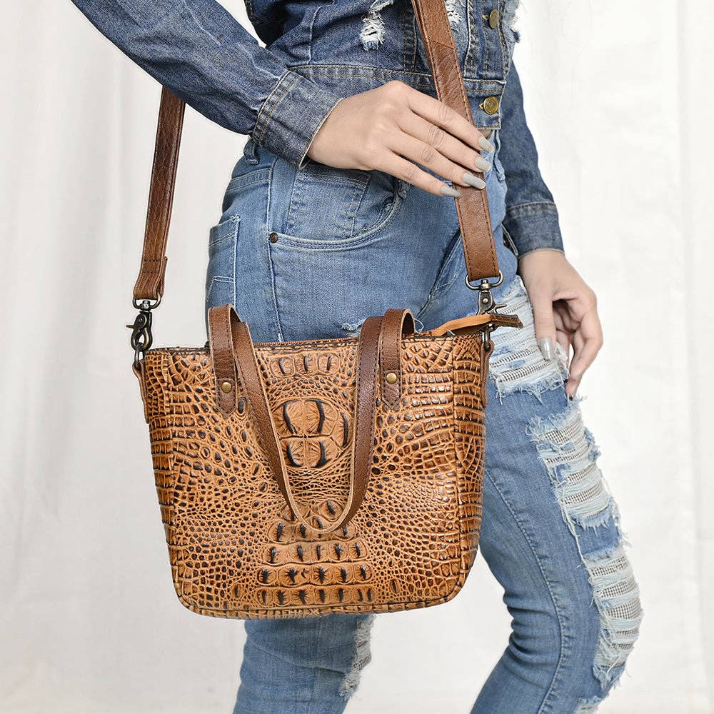 LC-ADBG959 Crocodile Embossed Genuine Leather Western Tote Compact Handbag by American Darling