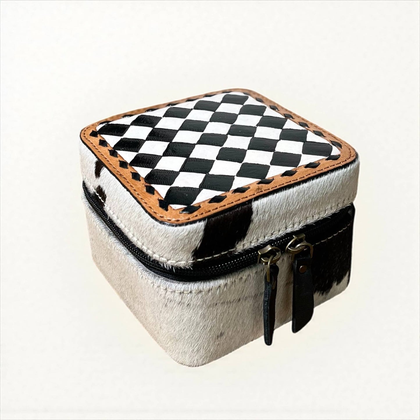 Checker tooled & cowhide jewelry box