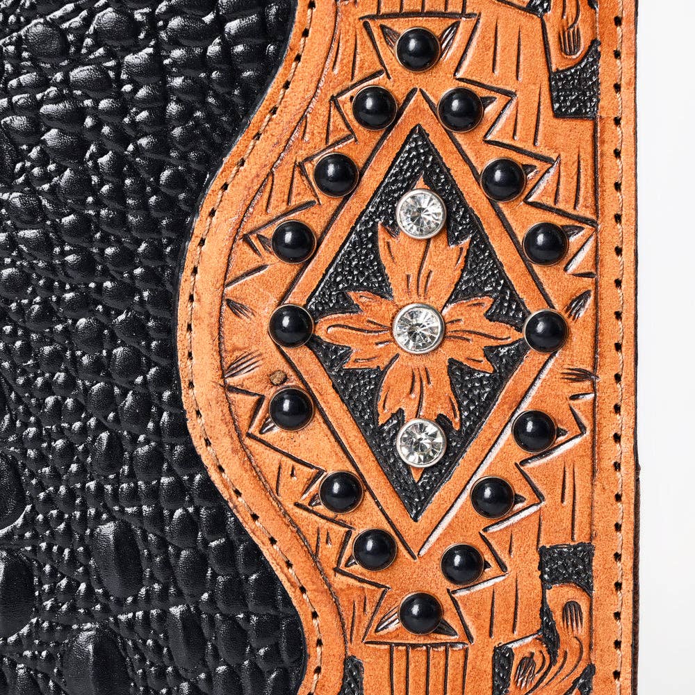 ADBG1040J Western Crocodile Embossed Leather Portfolio with Hand Tooled floral carvings and Diamond Accents-Eleanor Collection