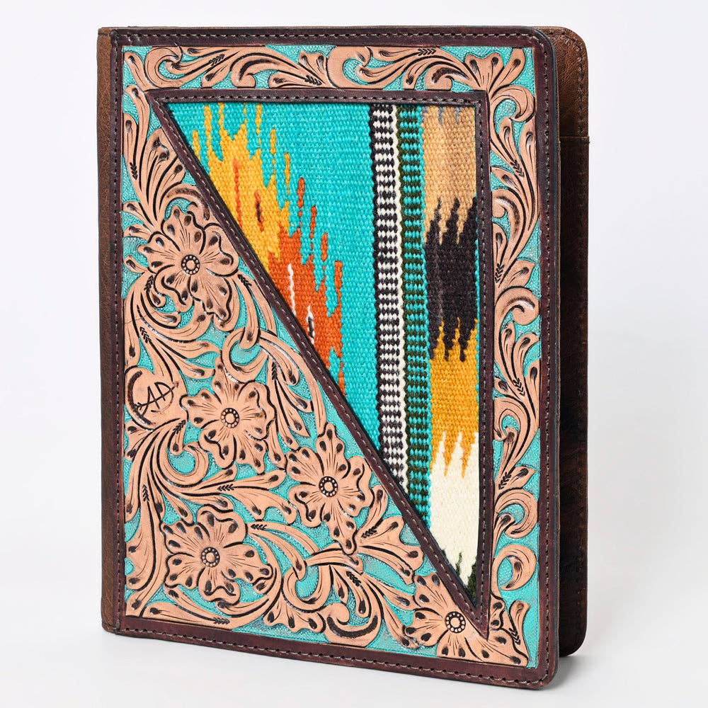 ADBG1160 Western Portfolio – Floral Hand Tooled Carving with Turquoise Saddle Blanket Accents