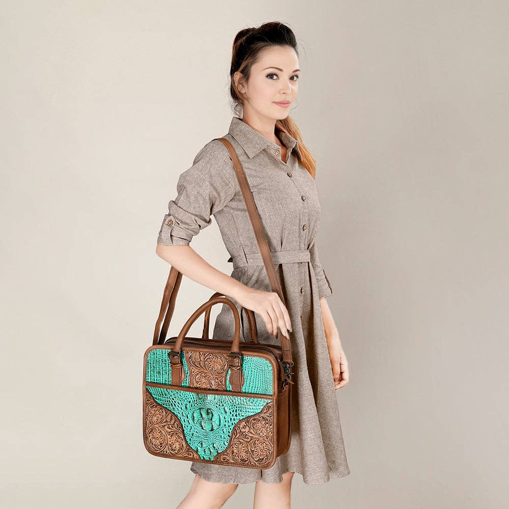 ADBG1183 Western Hand-Tooled Leather Tote Bag - Croc-Embossed & Floral Inlay by American Darling