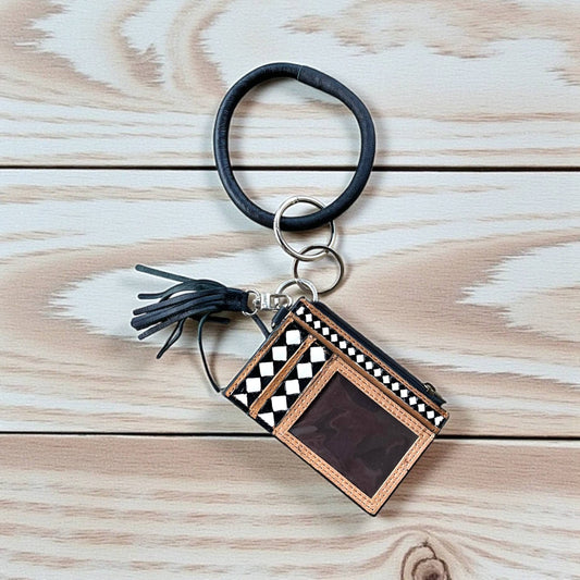 Checker tooled leather card holder wristlet