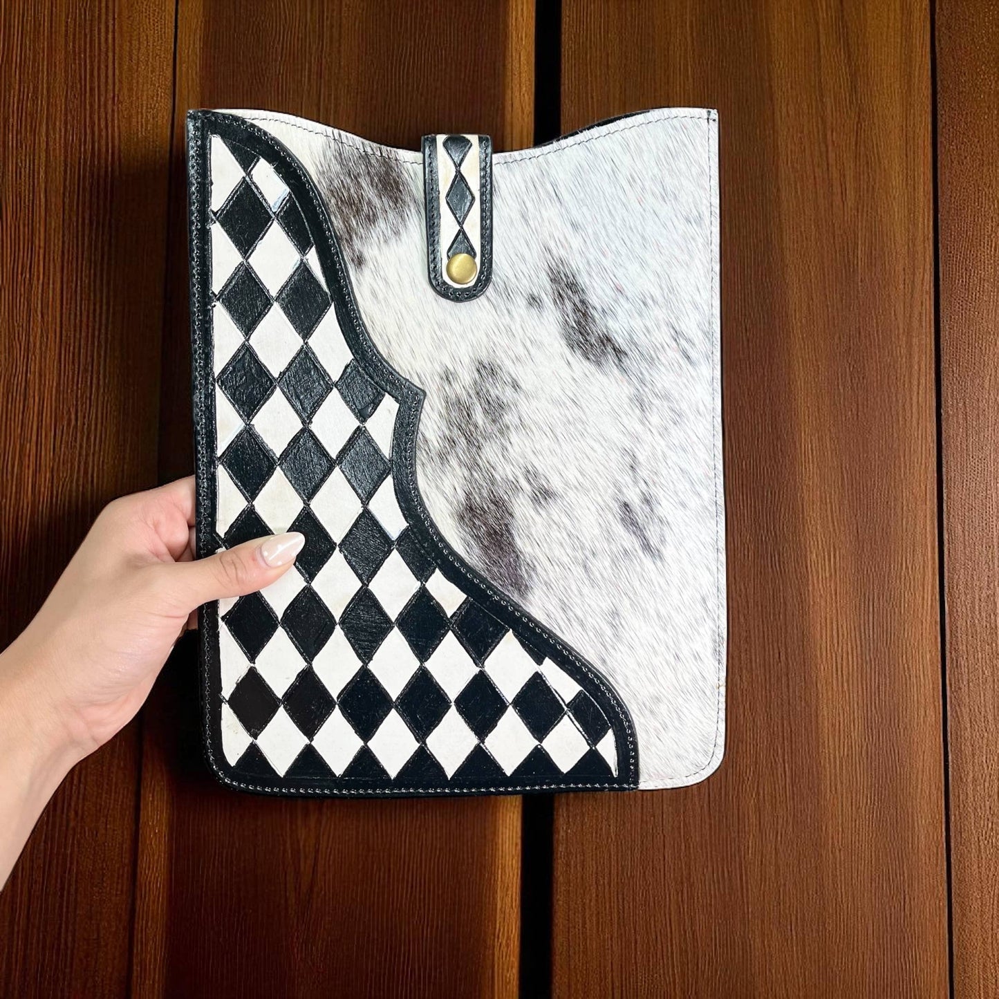 Checker tooled & cowhide iPad case
