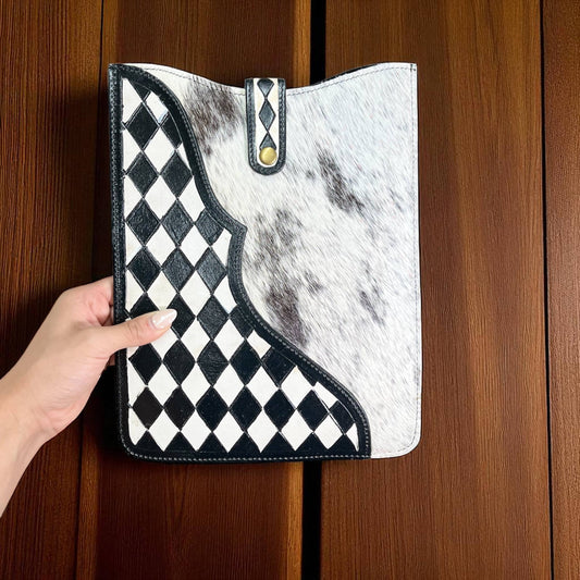Checker tooled & cowhide iPad case