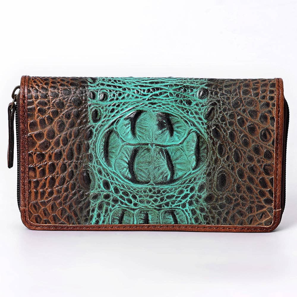 ADBG1195 Floral Studded Leather Organiser - Croc-Embossed Western Design with Crystal & Gem Accents