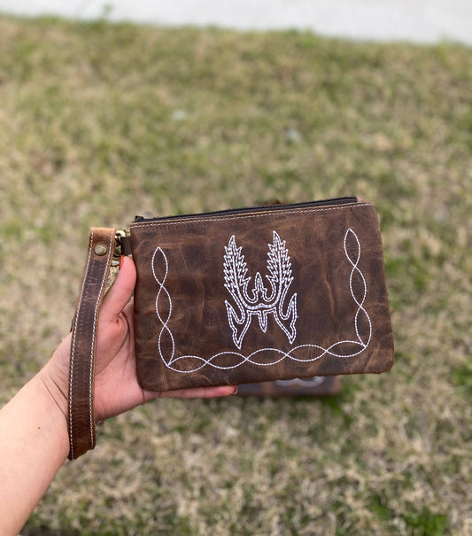 BootStitch Tooled Rustic Leather Wristlet Pouch