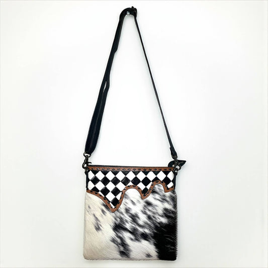 Checker tooled & cowhide crossbody bag