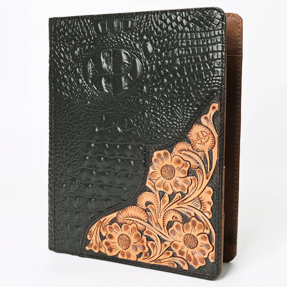 ADBG1040P Black Crocodile Embossed Leather Portfolio Cover w/ Hand-Tooled Floral Corner Patch (Pre-Order)