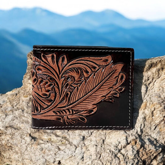 Feather tooled leather men’s wallet