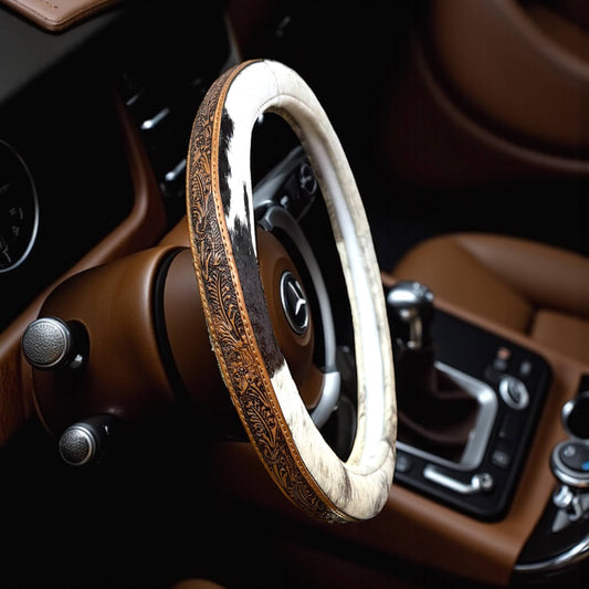 15” tooled & cowhide steering wheel cover