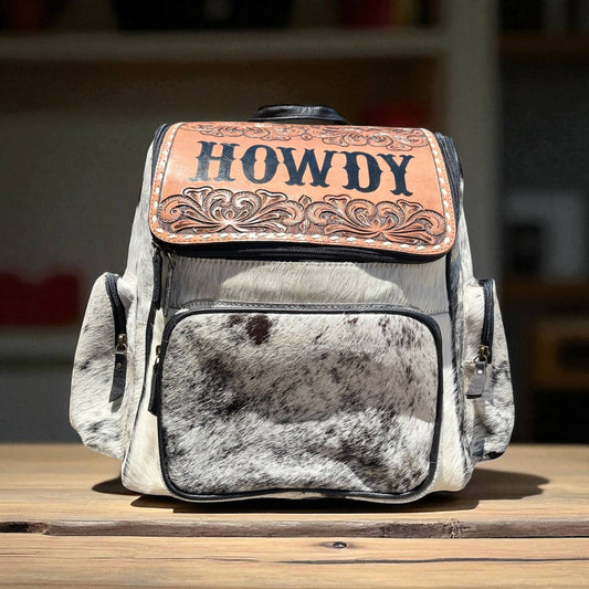 Howdy tooled leather & cowhide backpack