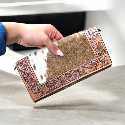 Cowhide & tooled leather crossbody wallet