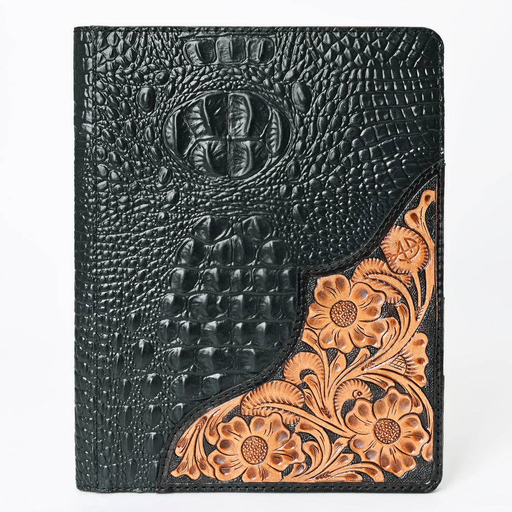 ADBG1040P Black Crocodile Embossed Leather Portfolio Cover w/ Hand-Tooled Floral Corner Patch (Pre-Order)