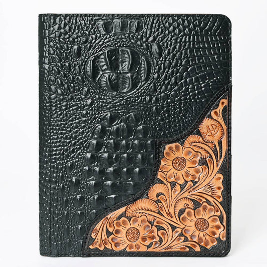 ADBG1040P Black Crocodile Embossed Leather Portfolio Cover w/ Hand-Tooled Floral Corner Patch