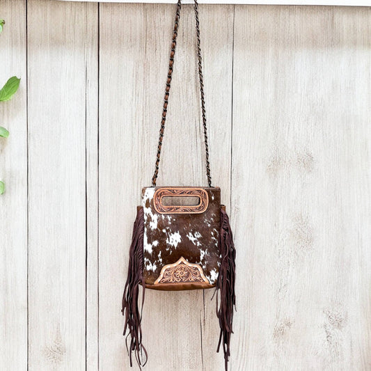 Cowgirl tooled leather & cowhide fringe crossbody bag