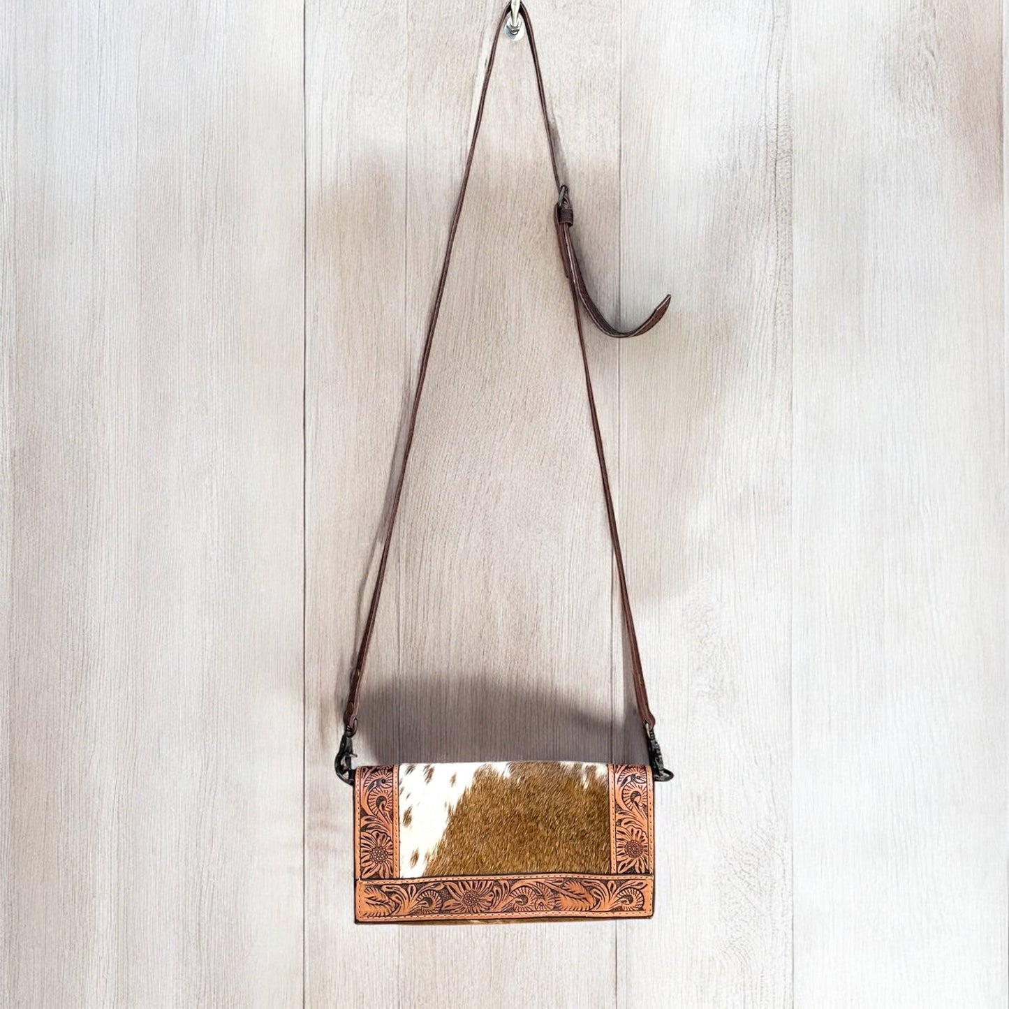 Cowhide & tooled leather crossbody wallet