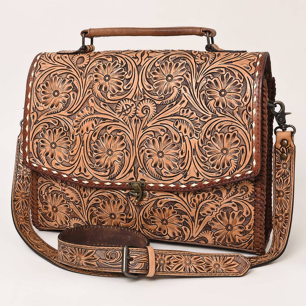 ADBG1210 Briefcase Genuine Western Leather with Floral Hand Tooled Women Bag