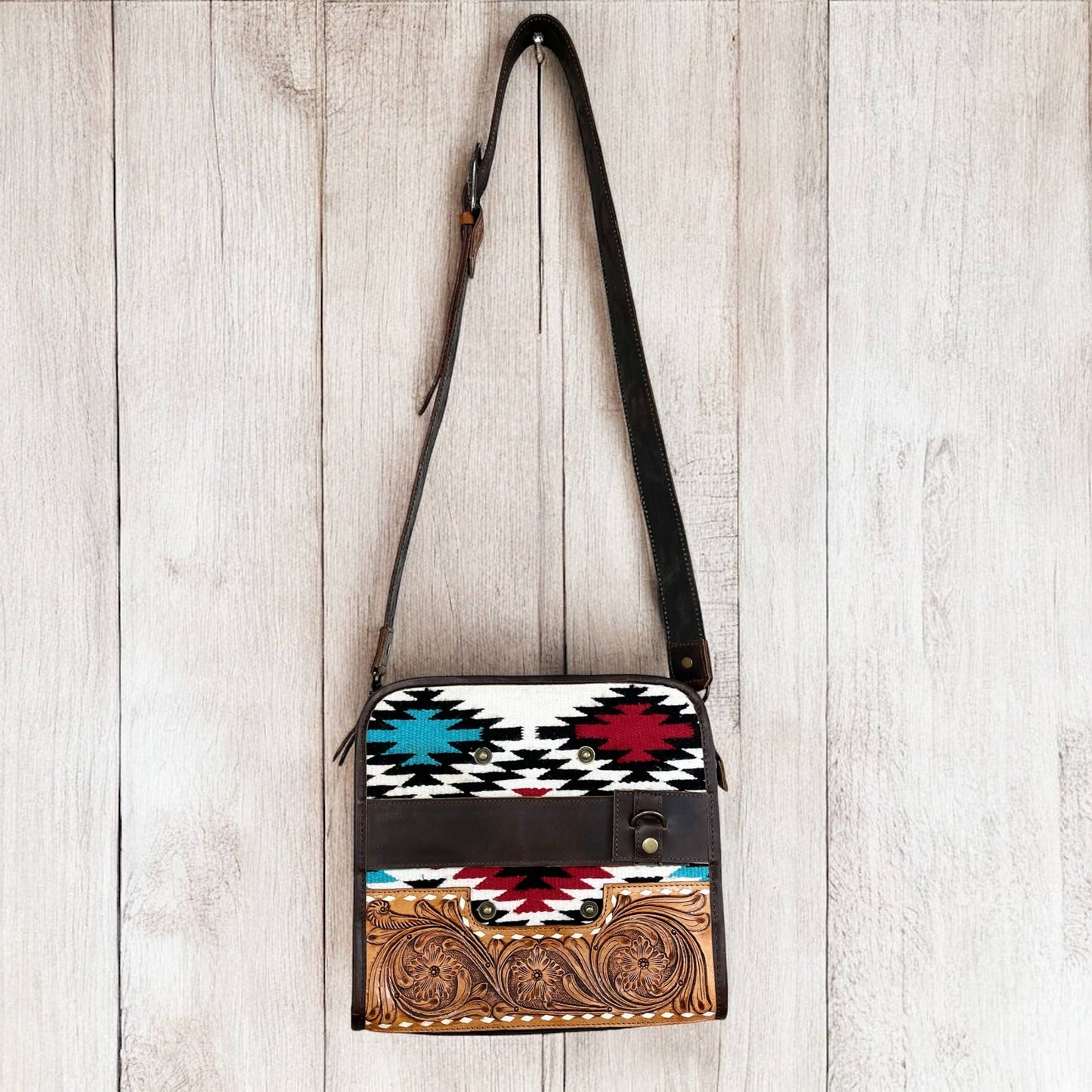 Aztec tooled leather fringe crossbody bag