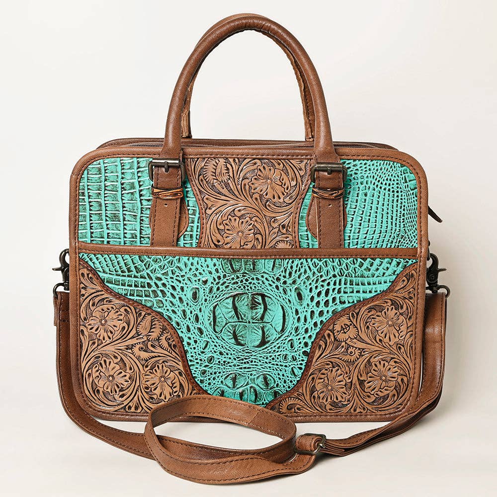 ADBG1183 Western Hand-Tooled Leather Tote Bag - Croc-Embossed & Floral Inlay by American Darling