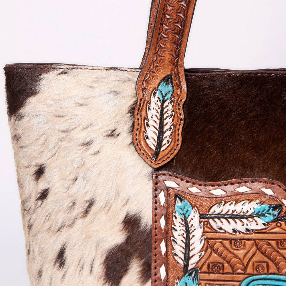 LC-ADBGZ694 Genuine Cowhide Leather Tote Bag with Hand-Tooled Floral Patch - Western Shoulder Bag