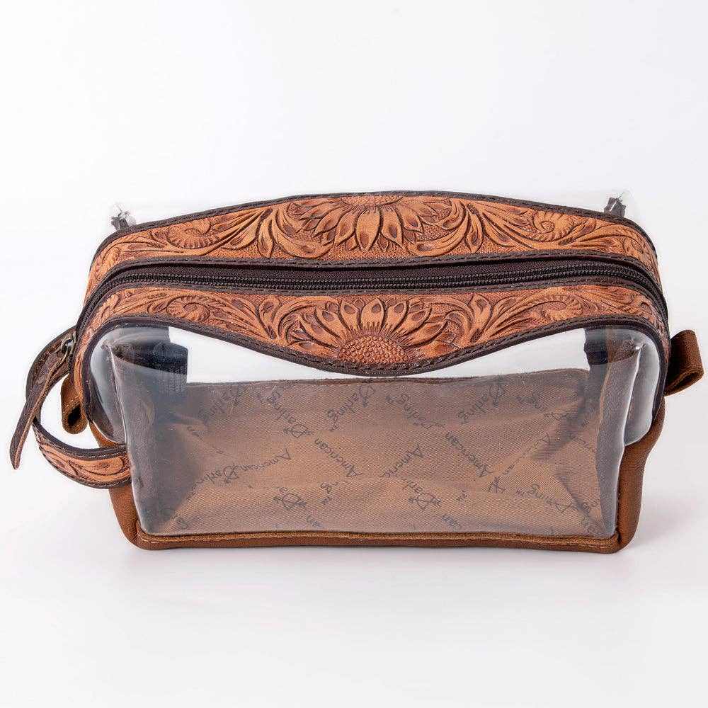 ADBG994 Clear Western Toiletry Bag with Tooled Leather Trim American Darling Travel Pouch