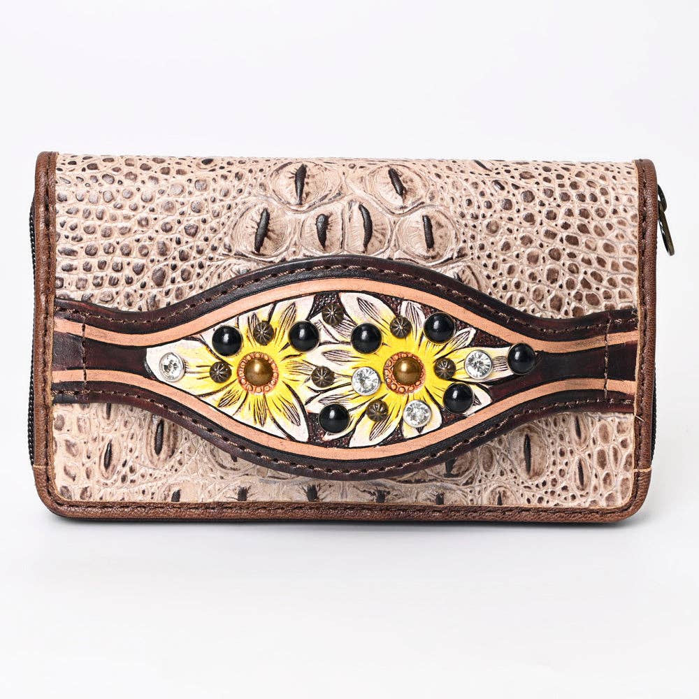 ADBG1195 Floral Studded Leather Organiser - Croc-Embossed Western Design with Crystal & Gem Accents