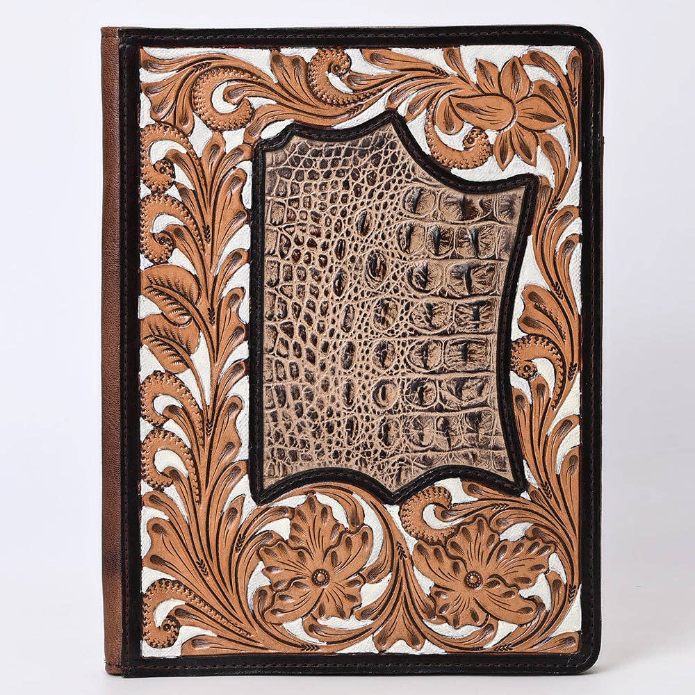 ADBG1087-Western Leather Bible Cover Hand Tooled Floral Design with Croc Print Portfolio Women Bag by American Darling