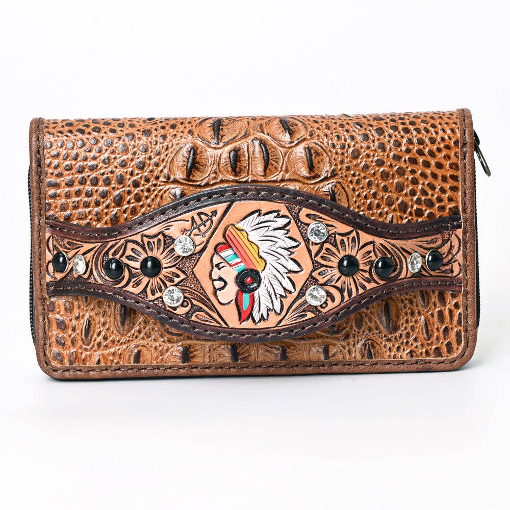 ADBG1195 Floral Studded Leather Organiser - Croc-Embossed Western Design with Crystal & Gem Accents