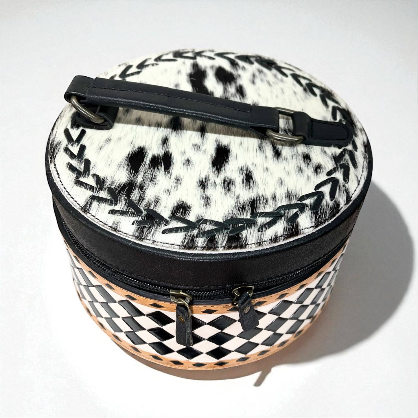 Checker tooled leather & cowhide jewelry box