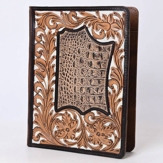ADBG1087-Western Leather Bible Cover Hand Tooled Floral Design with Croc Print Portfolio Women Bag by American Darling