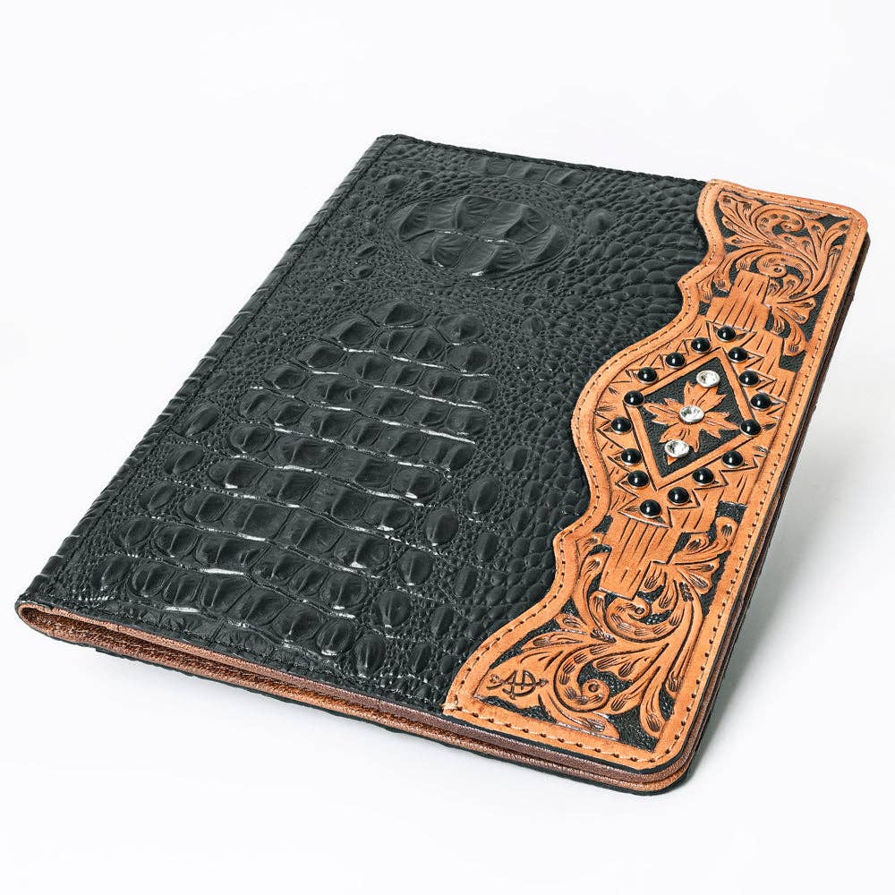 ADBG1040J Western Crocodile Embossed Leather Portfolio with Hand Tooled floral carvings and Diamond Accents-Eleanor Collection