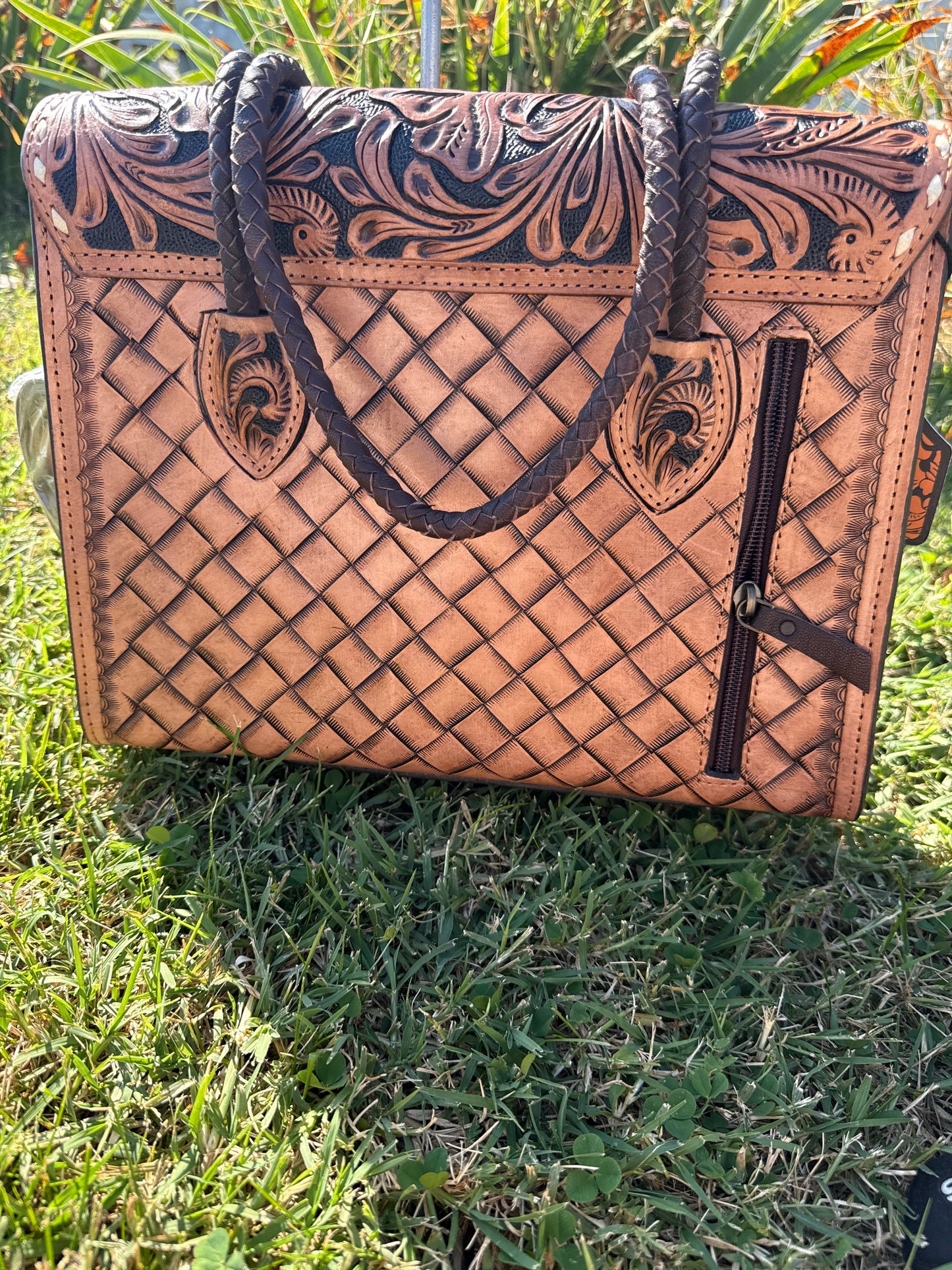Tooled leather tote  purse