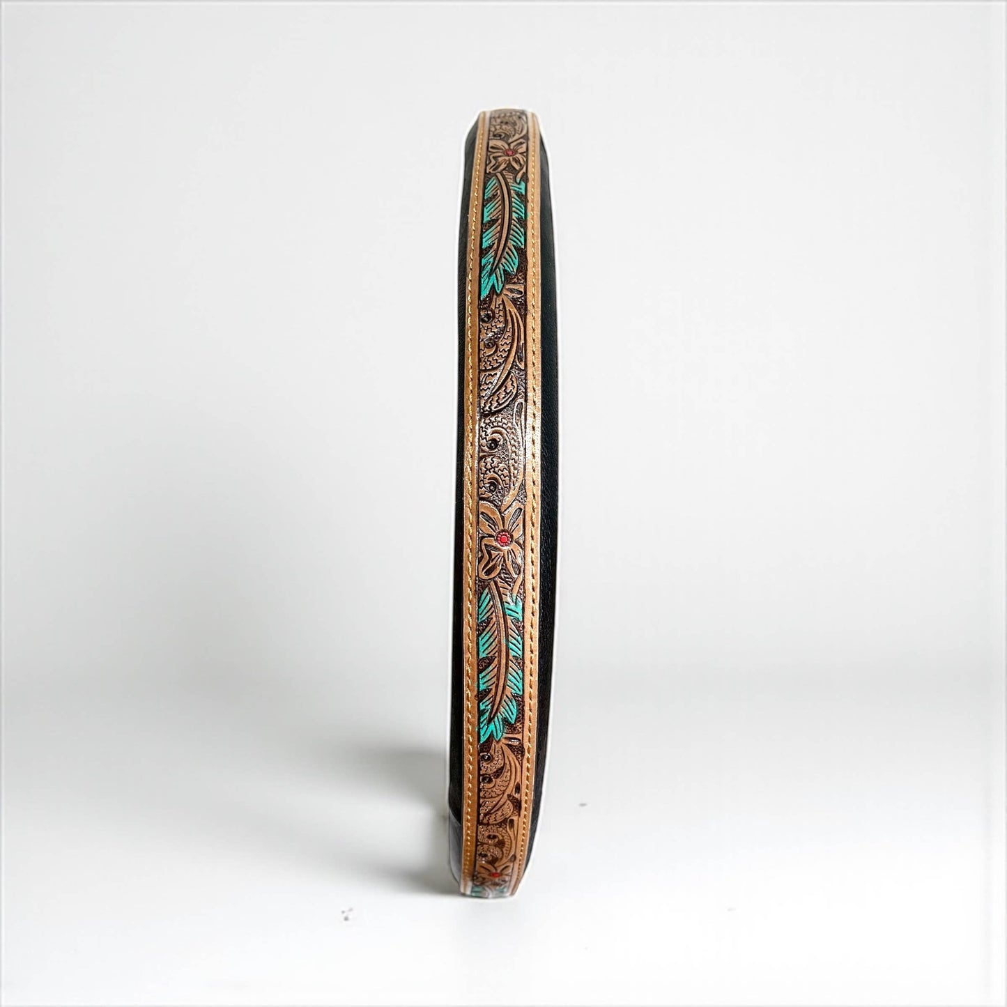 Turquoise feather tooled leather steering wheel cover