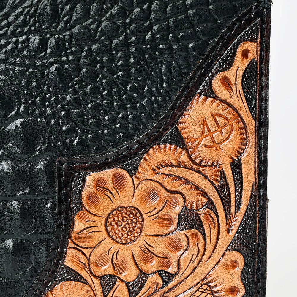 ADBG1040P Black Crocodile Embossed Leather Portfolio Cover w/ Hand-Tooled Floral Corner Patch (Pre-Order)