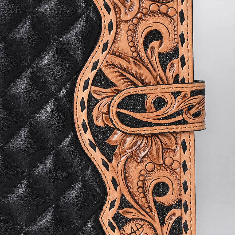 ADBG1676 Black Quilted Leather Portfolio with Tooled Floral Edge - American Darling