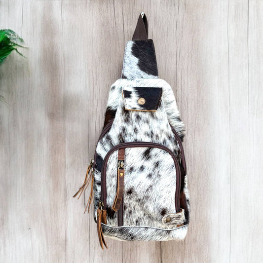 Black/white all cowhide sling bag
