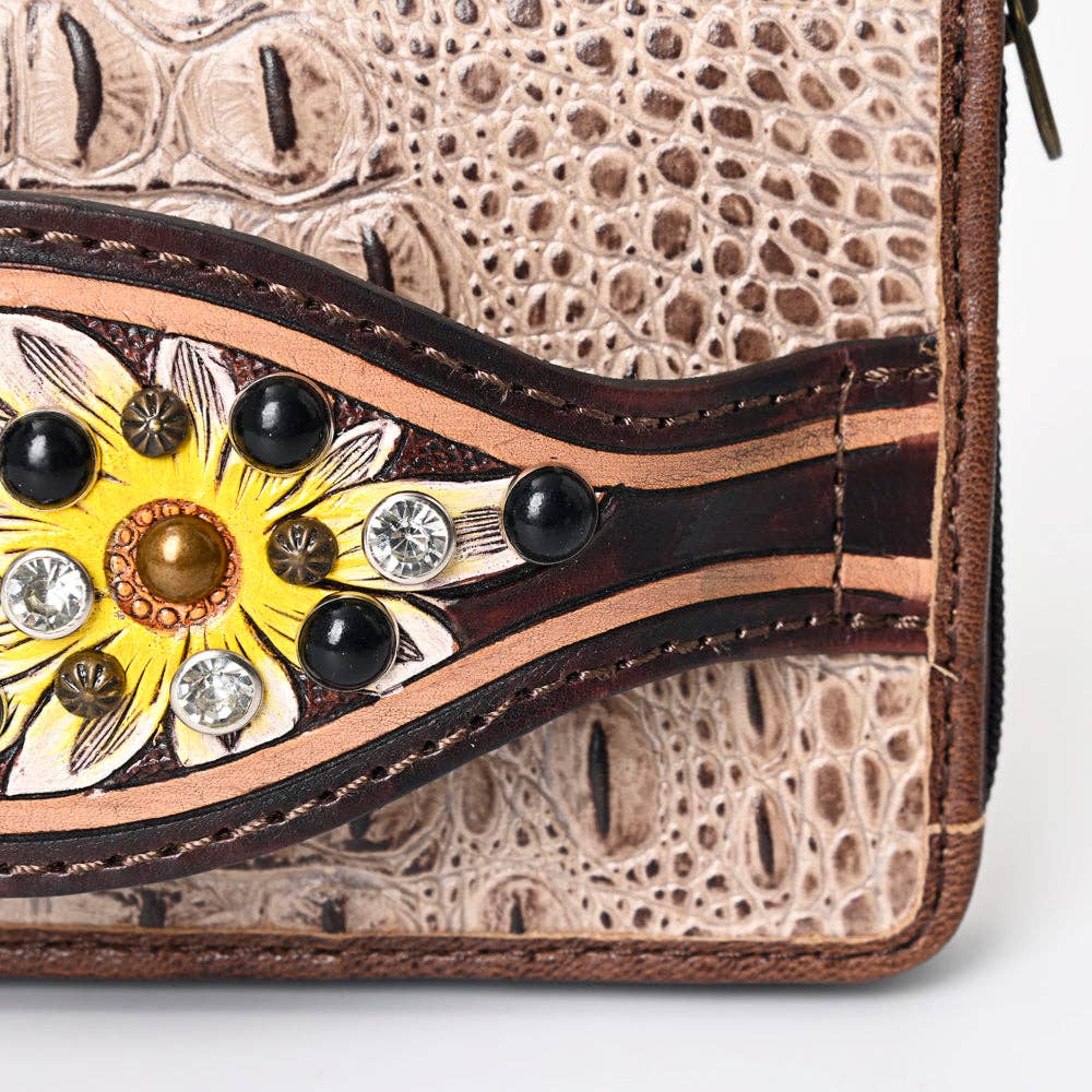 ADBG1195 Floral Studded Leather Organiser - Croc-Embossed Western Design with Crystal & Gem Accents