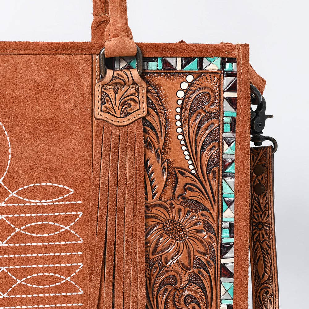 ADBG1649 Tan Suede Western Tote Bag with Tooled Leather, Turquoise Inlay & Fringe Accents