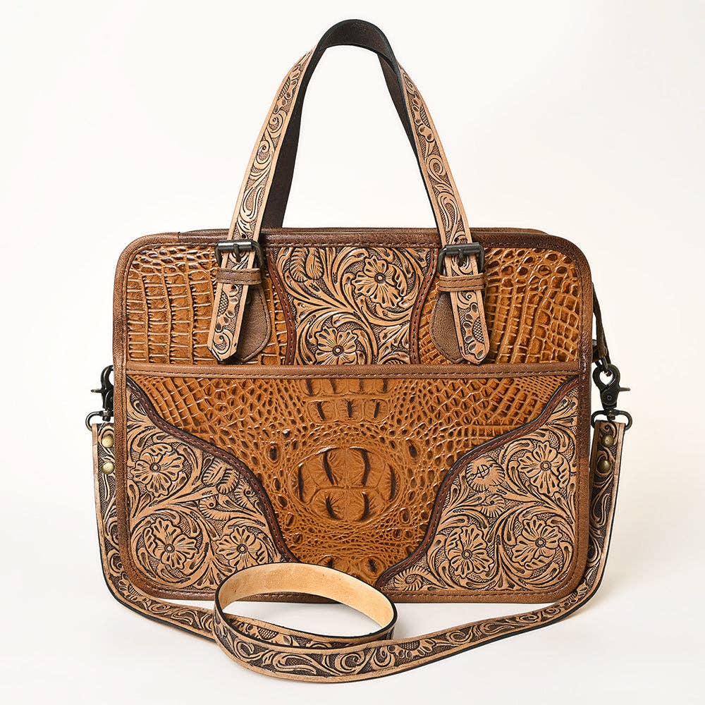 ADBG1183 Western Hand-Tooled Leather Tote Bag - Croc-Embossed & Floral Inlay by American Darling