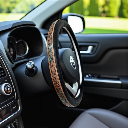 Turquoise feather tooled leather steering wheel cover