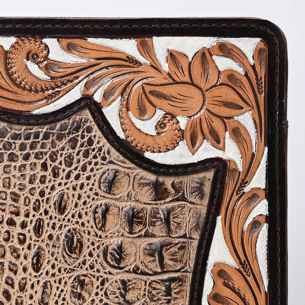 ADBG1087-Western Leather Bible Cover Hand Tooled Floral Design with Croc Print Portfolio Women Bag by American Darling