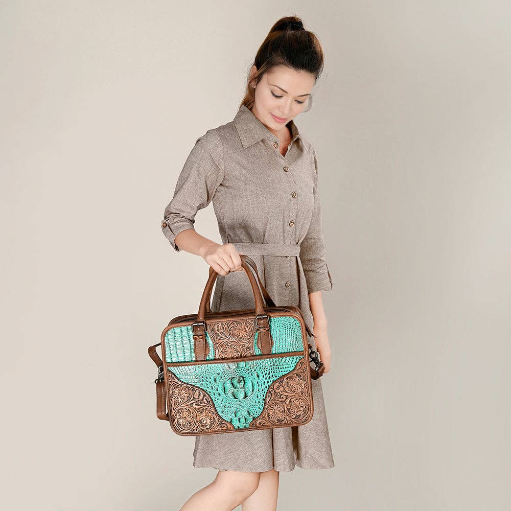 ADBG1183 Western Hand-Tooled Leather Tote Bag - Croc-Embossed & Floral Inlay by American Darling