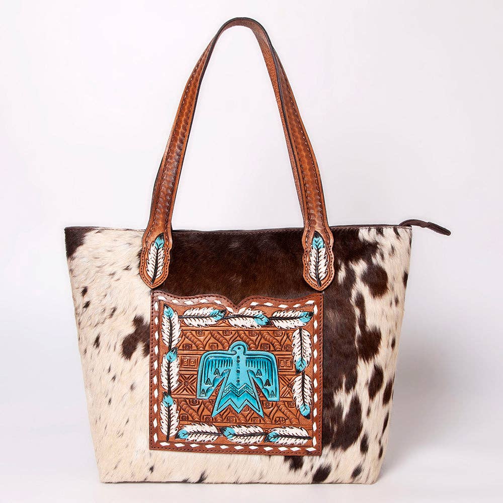LC-ADBGZ694 Genuine Cowhide Leather Tote Bag with Hand-Tooled Floral Patch - Western Shoulder Bag
