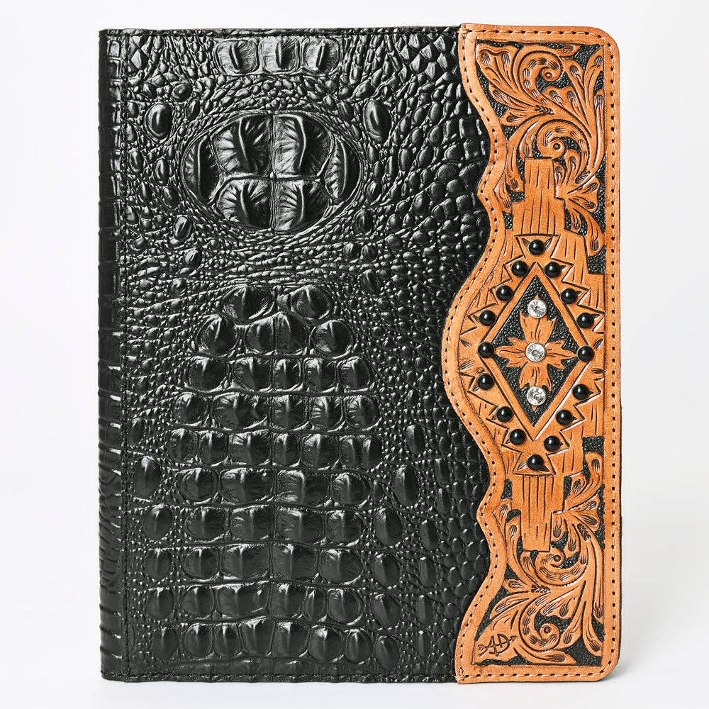 ADBG1040J Western Crocodile Embossed Leather Portfolio with Hand Tooled floral carvings and Diamond Accents-Eleanor Collection