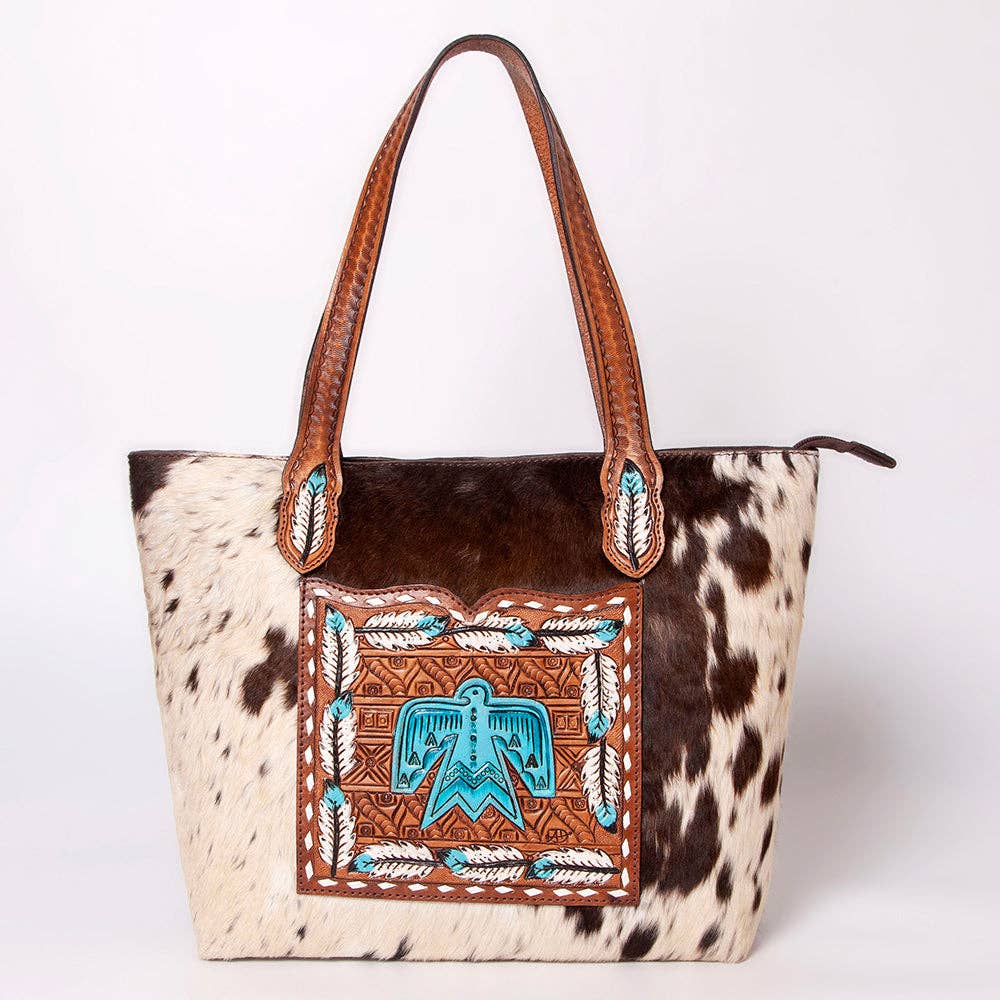 LC-ADBGZ694 Genuine Cowhide Leather Tote Bag with Hand-Tooled Floral Patch - Western Shoulder Bag