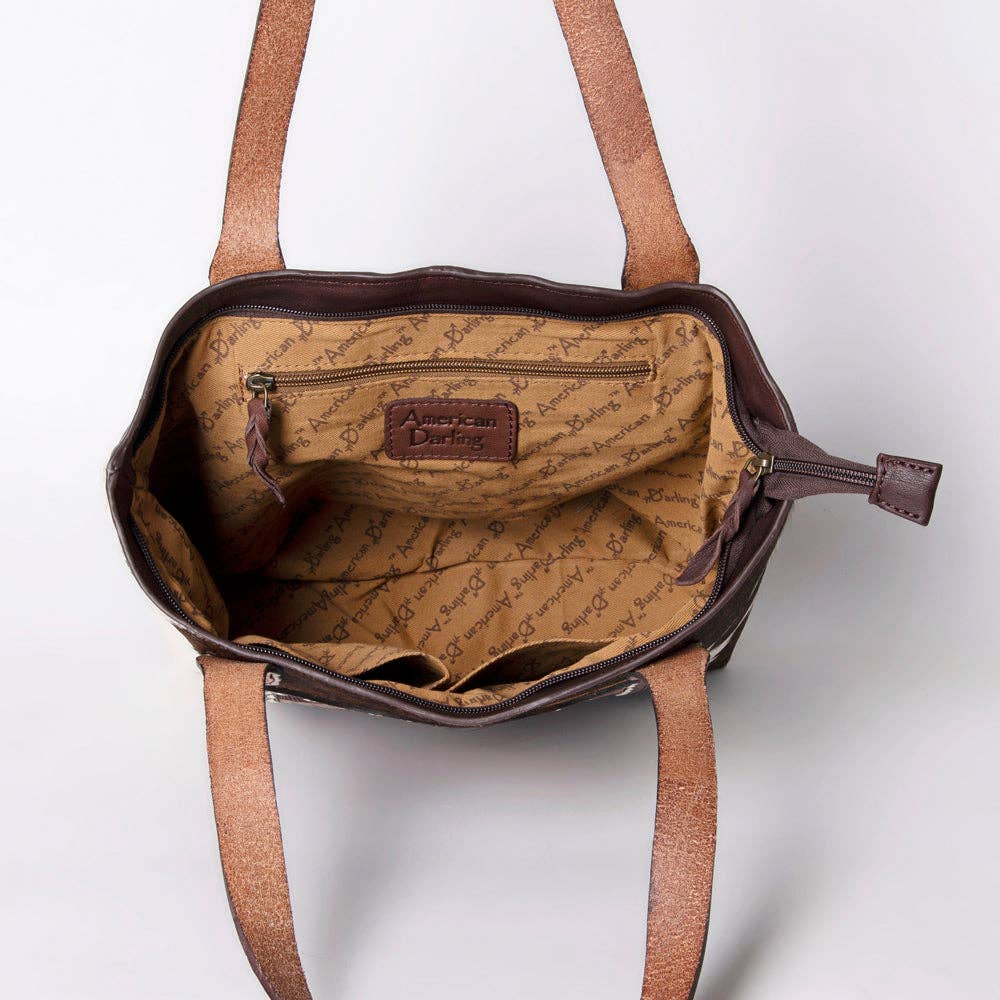 LC-ADBGZ694 Genuine Cowhide Leather Tote Bag with Hand-Tooled Floral Patch - Western Shoulder Bag