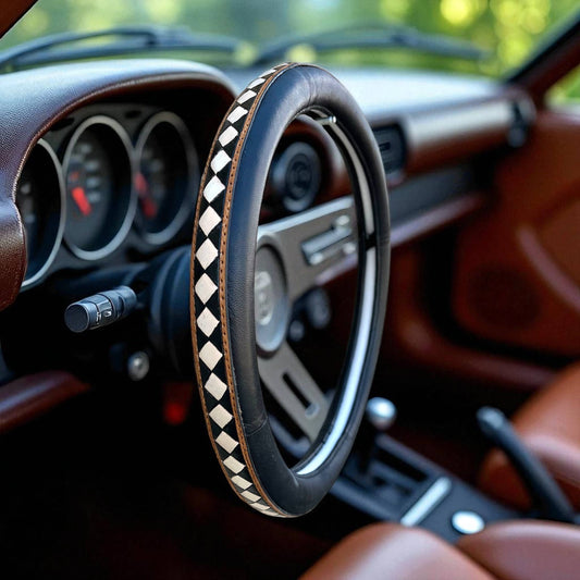 15” checker tooled leather steering wheel cover