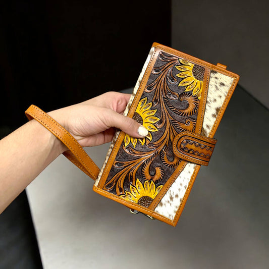 Sunflower tooled & cowhide crossbody wallet